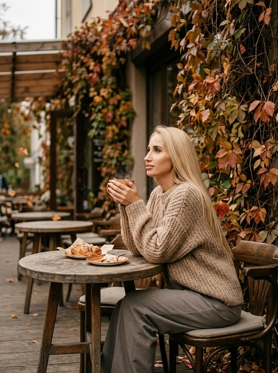 Женщина за столиком на осенней веранде европейского кафе
