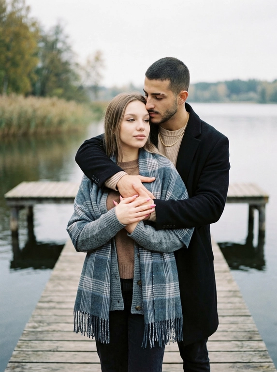 Фотография изображает пару на деревянном пирсе, возможно, у озера или реки. Стиль снимка — естественный, с мягким освещением и приглушённой цветовой гаммой, создающей атмосферу спокойствия и умиротворения. Кажется, это кадр из фотосессии, посвящённой отношениям.
Мужчина стоит позади женщины, обнимая её. Женщина стоит перед ним. Не менять причёску и сохранить черты лица. Руки мужчины обнимают женщину, его голова наклонена к её голове, создавая интимный момент. Руки женщины переплетены с руками мужчины.
Поза расслабленная, лица обоих выражают спокойствие.

Какая будет одежда?: Мужчина одет в чёрное пальто и бежевый свитер. Женщина одета в серый кардиган или пальто, накинутое поверх коричневого свитера или блузки, и тёмную юбку или брюки. Поверх кардигана наброшен большой клетчатый шарф в сине-серых тонах.