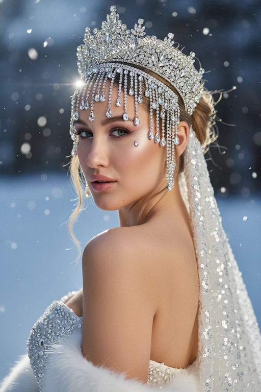 Черты лица и особенности внешности девушки должны быть точно воспроизведены с референсной фотографии. Создайте реалистичный портрет крупным планом (поза через плечо) в сверхвысоком студийном фото. Портрет женщины с аккуратными волосами и укладкой.  

**Наряд/Реквизит:** Сложнейший, тяжелый серебряный головной убор/корона со стразами, с крупными свисающими кристаллическими каплями, покрывающими лоб и виски, и подходящая, густо расшитая пайетками или стразами белая свадебная фата, закрепленная на ниже затылка. На ней белое платье без бретелек из такой же ткани, густо расшитое пайетками или стразами. По краю платья есть белая меховая окантовка. Открытые плечи, что предполагает платье без бретелек.

**Макияж:** Сияющая, чистая и увлажненная кожа. Нежные розовые тени для век, выразительные ресницы, лёгкий белый блик во внутренних уголках глаз и под ними, а также глянцевые, нежно-розовые губы. Два маленьких, светоотражающих каплевидных страза или блестящих элемента под внешним уголком каждого глаза.

Поза:** Взгляд через правое плечо в камеру мягким, но при этом пристальным и соблазнительным взглядом. Её обнажённые плечи и профиль замысловатого головного убора выделяются.

**Освещение:** Резкий, драматичный, контрастный свет сбоку/сзади (контурный свет), создающий яркий, интенсивный блик (блик объектива/эффект мерцания), который подчёркивает блеск и сверкание стразов и пайеток на слегка затенённом лице. 

**Фон:**
Зимний размытый фон со снежинками. **Камера:**
Снято на высококлассную среднеформатную камеру
(например, Hasselblad X2D 100C или Fujifilm GFX
100S) с макрообъективом 120 мм f/4, что обеспечивает исключительную четкость каждого страз, пайеток и текстуры кожи, широкий динамический диапазон и блестящий, модный редакционный результат. 

**Эффект:**
Подчеркивает исключительную роскошь, неземную красоту, резкий контраст и сверхдетализированный блеск.