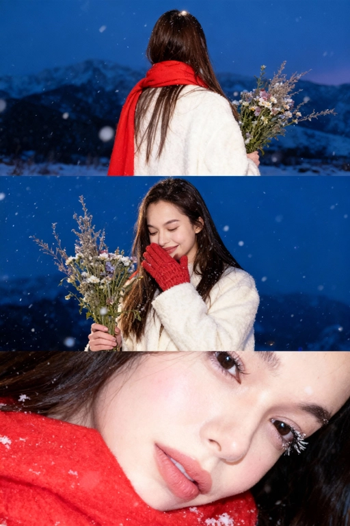 Создай коллаж не меняя черты лица. Кинематографический зимний коллаж из трёх кадров: девушка на фоне заснеженных гор и замёрзшего озера, мягкий вечерний свет, холодно, падает снег. На ней белое шерстяное пальто и ярко-красный шарф, в руках букет зимних полевых цветов. Первый кадр — со спины, её волосы и красный шарф выделяются на фоне темно-синего неба и гор; второй кадр — человек стоит на фоне темно-синего неба, улыбается, смотрит вниз, в одной руке букет, второй рукой прикрывает лицо. На руках красные вязаные перчатки. атмосфера лёгкости и свежести. на ней белое шерстяное пальто и ярко-красный шарф; третий кадр — очень крупный портрет на фоне темно-синего неба, взгляд в камеру, на ресницах снег, мягкий румянец, естественный макияж. Видно часть шарфа. Акцент на глаза. Настроение — романтичное, зимнее, немного меланхоличное, стиль — реалистичный, кинематографический, контраст белого снега и красных акцентов. Все фото сделаны ночью со вспышкой. Пленочная фотография.