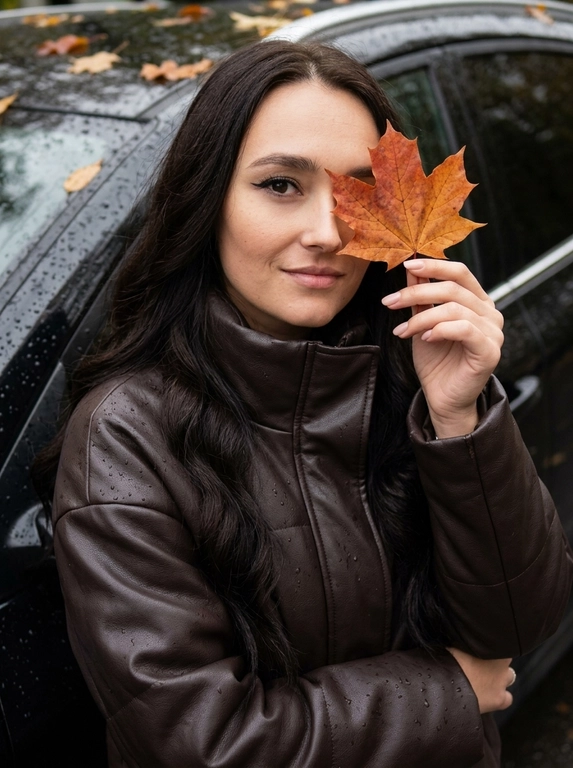 Осенний бьюти-портрет крупным планом. Лёгкий low-angle. Женщина стоит вполоборота вправо к камере. Женщина со стрелками закрывает один глаз кленовым листом у мокрого автомобиля. В одной руке она держит сухой кленовый лист перед одним глазом, глядя в кадр. Лёгкая улыбка на губах. Нюдовый маникюр. Другая рука опущена вниз вдоль тела.
На женщине оверсайз-куртка из тёмно-коричневой кожи с высоким воротом-стойкой.
Фон: глянцевый чёрный автомобиль с каплями дождя и прилипшими листьями. Прохладный рассеянный свет подчёркивает стрелки, прожилки листа, зернистую фактуру кожаной куртки и капли на лаке машины.
Стиль lifestyle-блога. Камера: 85mm, f/2.0, ISO 100, RAW. Звенящая резкость на открытом глазе, стрелке, листе и воротнике куртки, мягкое боке фона. Visible pores, no plastic skin, no AI smoothing.

Причёска: Волосы распущенные, уложены в мягкие естественные волны с лёгким объёмом. Пряди свободно обрамляют лицо и плавно спадают по плечам.