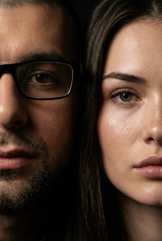   создай портрет, не меняя черты лица. Крупный план (extreme close-up) двух лиц людей, их лица прижатых друг к другу. Видны только половины каждого лица.
Драматичное освещение в стиле чиароскуро, глубокие тени.
Невероятная детализация кожи: видны поры, текстура, естественный блеск у женщины.
Выразительный взгляд прямо в камеру. Высокое разрешение, макросъемка, профессиональное студийное фото, 8K.