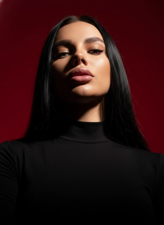 Создай портрет, используя те же черты лица (на основе загруженного фото), характеризующийся резким кинематографическим освещением и интенсивным контрастом. Снятый с немного нижнего ракурса, направленного вверх, что подчеркивает линию подбородка и шеи модели, этот портрет производит впечатление доминантности и скульптурной элегантности. Фон — глубокий, насыщенный малиново-красный, создающий яркий визуальный контраст со сияющей кожей модели и темной одеждой.