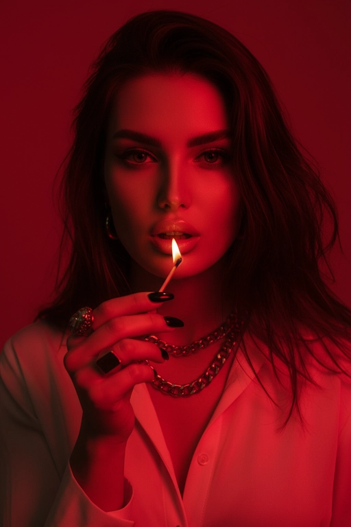 Используйте черты лица, как на прилагаемой фотографии.
смелый, кинематографичный портрет женщины, залитой темно-красным светом, которая подносит к губам зажженную спичку. Теплый отблеск пламени подчеркивает ее блестящие губы и создает эффектный отблеск на коже.
ее выражение ее лица напряженное и пленительное, обрамленное взъерошенными волосами, которые свободно ниспадают на лицо. На ней светлая рубашка и многослойные украшения, в том числе металлическая цепочка и крупные кольца. На ее длинных черных ногтях отражаются едва заметные блики света, усиливая мрачную, чувственную атмосферу. Красный фон и сдержанные тени придают глубину и визуальное напряжение, создавая эффектный образ в редакционном стиле.

Настройки камеры: iso 400, диафрагма f/2.0, выдержка затвора 1/160 сек, объектив 85 мм, ручная фокусировка, баланс белого 2800k, коррекция экспозиции -0,3 ev, подсветка одиночным пламенем с красной заливкой, минимальная зернистость, кинематографическое высококонтрастное освещение с плавными тональными переходами.