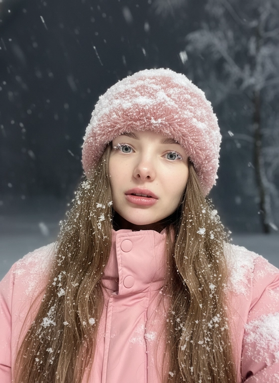 Селфи крупным планом, сделанное ночью на улице во время сильного снегопада. У женщины выразительные волосы и выразительные глаза, на ресницах и волосах которой лежат снежинки. На ней зимняя шапка из искусственного меха, почти полностью покрытая снегом, и пуховая куртка, припорошённая снегом на плечах и воротнике.
Освещение: мягкий холодный ночной свет сверху и немного спереди, создающий лёгкое свечение на щеках и лёгкие блики на куртке.
Поза: она держит камеру чуть ниже уровня глаз, уверенно снимая своё лицо снизу вверх; губы слегка приоткрыты, выражение лица спокойное, но выразительное. Фон: тёмное зимнее ночное небо, едва заметные ветви деревьев, слегка покрытые инеем, минимальная видимость для создания драматического настроения. Атмосфера: холодная, кинематографичная, с чистой зимней энергией; стильный современный снежный портрет с естественной текстурой и деталями. Шапка и куртка розового цвета.