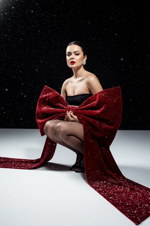 Создай изображение не меняя черты лица. Студийный портрет в стиле рождественской/новогодней модной кампании. Я в элегантной, присевшей позе, взгляд сфокусирован прямо в камеру. Огромный, гипертрофированно большой, роскошный бант из красного бархата, который обернут вокруг тела модели как кутюрный элемент одежды  с очень длинными, широкими ниспадающими концами, которые тянутся по полу. Бант и белый пол покрыты имитацией снега. Минималистичный черный топ без бретелей (bandeau) ,темные, полупрозрачные колготки, черные босоножки с открытым носом, на среднем каблуке. Гладко зачесанные назад волосы. Классический, выразительный макияж: яркая алая помада, четкие черные стрелки, хайлайтер. В ушах крупные, блестящие серьги-гвоздики.

Драматичное, контрастное студийное освещение (split lighting). Ярко освещенный белый пол/поверхность. Фон — глубокий черный, с эффектом динамично падающего яркого снега (snow dust effect).Фотография в высоком разрешении, гиперреализм, кинематографическое качество, профессиональный editorial-снимок для обложки Vogue, снято на камеру Hasselblad.