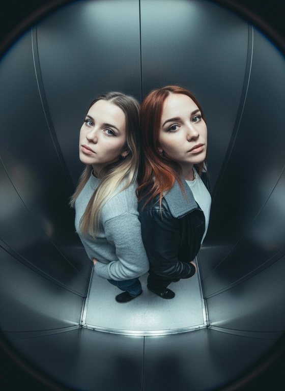 Используй предоставленные изображения и создай фото с двумя людьми в лифте с металлическими стенами. Цветовая гамма с преообладанием серых металлических оттенков. Кадр снят с максимально верхнего ракурса, люди будто заглядывают в камеру, их головы подняты наверх, взгляд в камеру. Легкий эффект fish eye. Реалистичное фото. Зернистость пленочного фото, насыщенные цвета, стиль фото y2k. Сохрани черты лица людей. Они стоят спиной друг к другу. Руки в карманах.