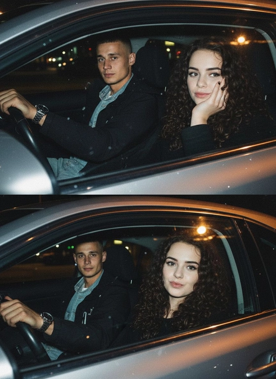 Используй предоставленные изображения и создай коллаж из двух фото, одно под другим. Первое фото сверху: Ночное фото в салоне автомобиля: мужчина за рулем смотрит вперед, его рука с часами на руке. Женщина на пассажирском сиденье, слушает его подперев щеку рукой. Съемка в стиле папарацци с эффектом зернистой пленки, атмосфера интимная. Второе фото: Девушка и парень смотрят в камеру Ночное фото папарацци крупным планом: мужчина за рулём и женщина на пассажирском сиденье смотрят в камеру. Женщина с ухмылкой и губами бантиком, мужчина слегка улыбается, положив руку на руль. Съёмка через пассажирское окно, сочетание ночного света и вспышки, эффект зернистой плёнки.