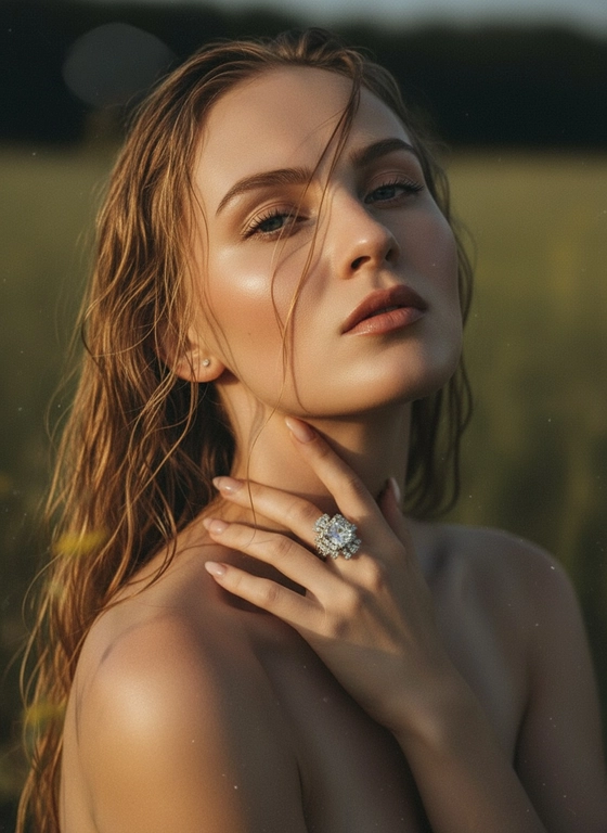 Создайте портрет женщины с длинными, волнистыми, влажными волосами, свободно ниспадающими на плечи, некоторые пряди прилипают к лицу. Она чувственно смотрит в камеру, слегка откинув голову назад, словно наслаждаясь мгновением покоя или чувственности. Её рука нежно лежит на шее, на пальце – эффектное сверкающее кольцо. Плечи опущены. Тёмный, почти однотонный и размытый фон подчёркивает силуэт и лицо женщины. Весь образ мастерски передан с помощью размытия в движении и световых бликов, которые создают ощущение естественного, сказочного движения головы и руки. Мягкие, тёплые тона, лёгкое свечение кожи и губ создают интимную, чувственную и таинственную атмосферу. Эффекты: размытие в движении, художественная длительная выдержка, тёплые тона, атмосфера сновидения. Макияж выразительный: длинные чёрные ресницы, бежевые тени с лёгким мерцанием, выразительные контуры и румяна, безупречная кожа и пухлые губы с нюдовым блеском и тёмно-коричневым карандашом для губ. Ухоженные брови с эффектом Bravenlifting. Длинные, заостренные ногти. Реалистичное фото, как будто снято на профессиональную камеру. Сохраните черты лица такими, какие они есть.