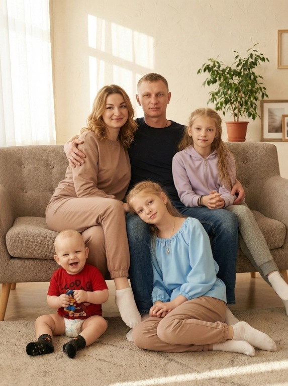   Семейное студийное фото в одном стиле без изменения внешности