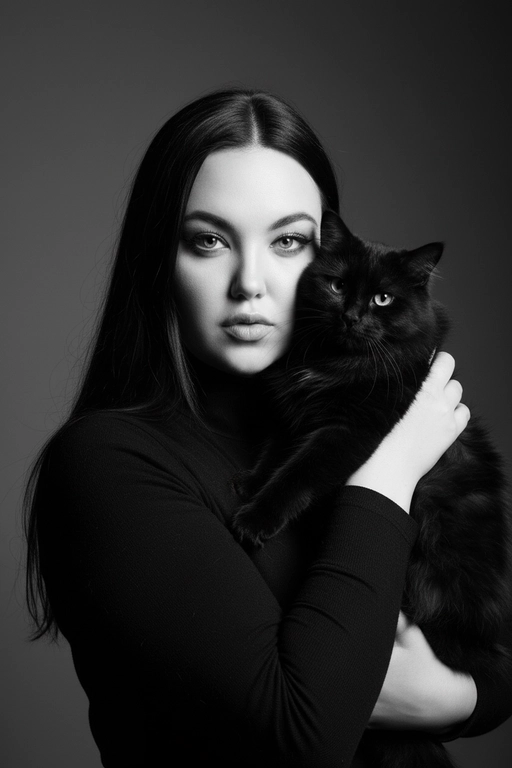 Высококонтрастный черно-белый портрет женщины в черной водолазке, держащей чёрную кошку у лица. Композиция напряжённая и интимная: оба персонажа смотрят прямо в камеру с одинаковой интенсивностью. Яркое и направленное освещение создаёт глубокие тени и подчёркивает контраст между их бледной кожей и тёмной шерстью кошки. Выражение её лица спокойное и уверенное, глаза подведены чётко, а гладкие прямые волосы естественно ниспадают на одно плечо. Фон - градиент от серого к темно-серому. Общее настроение таинственное, элегантное и кинематографичное, напоминающее портрет из модного журнала с готическим подтекстом.