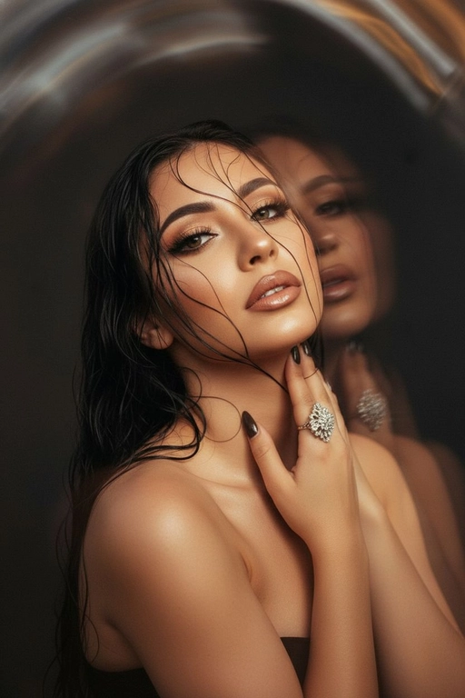 Создайте портрет женщины с длинными, волнистыми, влажными волосами, свободно ниспадающими на плечи, некоторые пряди прилипают к лицу. Она чувственно смотрит в камеру, слегка откинув голову назад, словно наслаждаясь мгновением покоя или чувственности. Её рука нежно лежит на шее, на пальце – эффектное сверкающее кольцо. Плечи опущены. Тёмный, почти однотонный и размытый фон подчёркивает силуэт и лицо женщины. Весь образ мастерски передан с помощью размытия в движении и световых бликов, которые создают ощущение естественного, сказочного движения головы и руки. Мягкие, тёплые тона, лёгкое свечение кожи и губ создают интимную, чувственную и таинственную атмосферу. Эффекты: размытие в движении, художественная длительная выдержка, тёплые тона, атмосфера сновидения. Макияж выразительный: длинные чёрные ресницы, бежевые тени с лёгким мерцанием, выразительные контуры и румяна, безупречная кожа и пухлые губы с нюдовым блеском и тёмно-коричневым карандашом для губ. Ухоженные брови с эффектом Bravenlifting. Длинные, заостренные ногти. Реалистичное фото, как будто снято на профессиональную камеру. Сохраните черты лица такими, какие они есть.