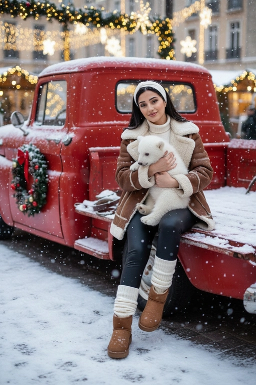 Портрет молодой женщины, сидящей на кузове винтажного красного грузовика. Девушка держит на руках животное. На ней коричневая дубленка с белой окантовкой из овчины по воротнику, манжетам и карманам, под дубленкой белый свитер с горловиной, черные лосины тканевые без блеска, на ногах укороченные, высотой до щиколоток коричнево-бежевые угги на платформе и кремовые гетры до середины икр, выглядывающие из уггов. 
Девушка смотрит в камеру, на ее лице легкая улыбка. 

На грузовике — праздничный рождественский венок. На земле лежит снег.

Мягкий снег падает. Атмосфера — реалистичная, теплая и немного кинематографичная. Сияющие рождественские огоньки и украшения создают яркую теплую атмосферу. Разрешение 8K, акцент на текстуру одежды, снег и сверкающие огоньки на заднем фоне. —ar 3:4 —v.

Не меняй черты лица.  На голове девушки белая повязка. Держит на руках белого медвежонка