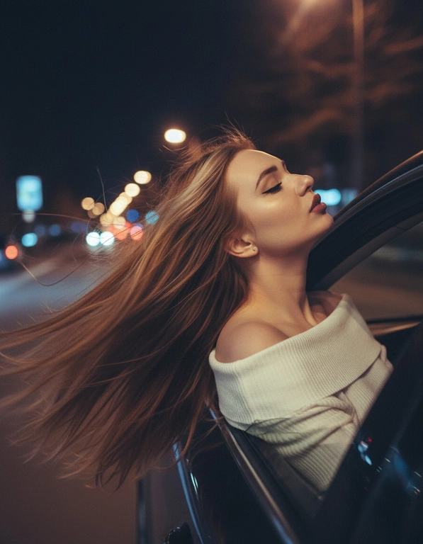 Создайте фото, где я высунула голову из окна машины в тёмную, мечтательную, размытую, винтажную ветреную ночь, в белом трикотажном топе с открытыми плечами. ракурс боковой. Голова чутка откинута назад. Машина в движении.  Выражение лица мечтательное, губы немного приоткрыты. Волосы развеваются в движении. Сохраните детали лица в точности. Пожалуйста, не изменяйте черты лица и оставь таким, какое оно есть.