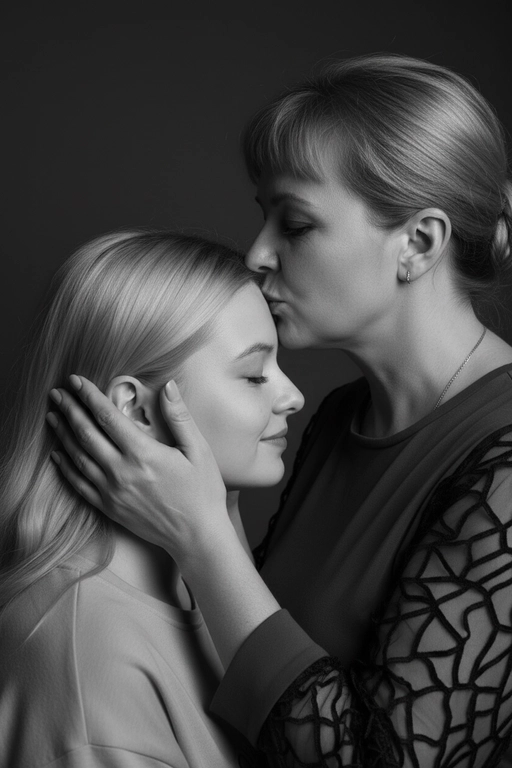 Профессиональное студийное фото, чёрно-белый крупный портрет взрослой женщины и второго человека (это ее сын или дочь). Камера очень близко, объектив 85mm, f/2.0, малая глубина резкости, фокус на ресницах младшего. Боковой ракурс 3/4 слева: старшая выше, в профиль, целует младшего в центр лба. Её обе руки обрамляют лицо младшего, пальцы по бокам щёк, большие под ушами. Младший тоже в профиль с лёгкой улыбкой и закрытыми глазами. Гладкий тёмный фон, мягкий свет слева под 45°, глубокие тени, высокий контраст, реалистичная текстура кожи, отсутствие шума, качество как у профессионального фотографа. Лица должны быть полностью узнаваемыми, соответствовать исходным референсам без искажений, без изменения пропорций и черт.