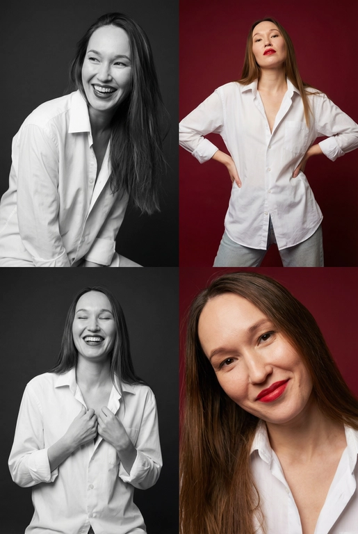 Коллаж из четырёх студийных портретов одной женщины, расположенных в сетке 2×2. Не меняй внешность, цвет и текстуру волос. Все кадры сняты в модном editorial-стиле. Образ — естественная красота, лёгкая небрежность, живые эмоции.
Женщина имеет естественный макияж с акцентом на красные губы. На ней белая очень свободная рубашка мужского кроя на несколько размеров больше, частично расстёгнутая, подчёркивающая линию декольте. В отдельных кадрах она слегка придерживает рубашку руками.
Эмоции и позы:
Верхний левый кадр — чёрно-белый, она наклоняется вперёд, смеётся, взгляд в сторону, живой момент.
Верхний правый — цветной, красный студийный фон, руки на бёдрах, уверенный фэшн-портрет. Снято с нижнего ракурса. Видно часть ее светлых джинс.
Нижний левый — чёрно-белый, она смеётся с закрытыми глазами, держит рубашку у груди, расслабленная поза.
Нижний правый — цветной, крупный портрет, легкая улыбка, слегка наклонила голову в сторону, тёплая улыбка, акцент на губах.
Фон: для цветных кадров — глубокий красный студийный фон, для чёрно-белых — нейтральный тёмный фон.
Освещение: мягкий студийный свет, подчёркивающий текстуру кожи, волосы и складки рубашки. Без жёстких теней.
Композиция: кадры слегка разные по ракурсу, создают ощущение живой съёмки backstage.
Стиль: fashion editorial, lifestyle, natural sexy, cinematic soft light, analog photo vibe, magazine photoshoot, ultra realistic, high detail, skin texture visible, 8k. Волосы распущены и уложены в объемную естественную укладку  
сделай ультра реалистичное фото по моему селфи, максимально сохраняя мою внешность: мои черты лица, пропорции, природную асимметрию, форму и цвет глаз, бровей и губ, цвет и текстуру кожи, цвет, длину и естественну  волос не меняй мой возраст и телосложение, не искажай форму лица, не улучшай и не ретушируй кожу.