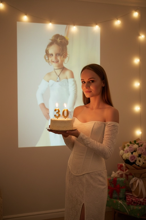Создай ультрареалистичное фото, сделанное на камеру телефона в комнате, где изображен человек, который держит бенто торт с горящими золотыми свечами. В качестве фона на однотонную стену проецируется фотография из детства. Спроецированное фото занимает большую часть фона. Сочетание образов взрослого человека и ребёнка на фоне создаёт тёплую, ностальгическую атмосферу, подчеркивая связь между прошлым и настоящим. На стене висят гирлянды, рядом со стеной виднеются подарки и букет цветов. Снимок выглядит очень стильным и продуманным, присутствует ощущение праздника и воспоминаний. Не меняй внешность, полностью сохрани черты лица. Свечи на торте в форме числа 30. Женщина одета в молочное корсетное платье.