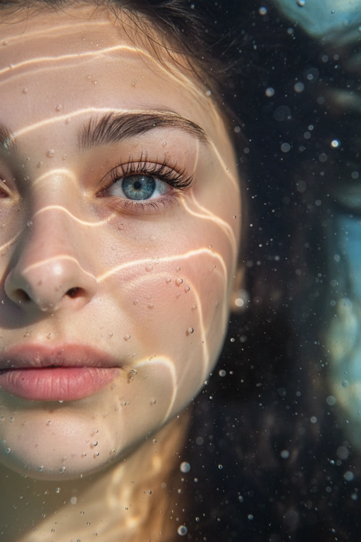 Гиперреалистичный, сверхдетализированный
макропортрет, на котором запечатлена только левая половина человеческого лица, погруженного под воду. Один глаз находится в резком фокусе у крайнего левого края кадра. Лучи света создают динамичные блики на коже, подчеркивая поры, влажные губы, ресницы и тонкие текстуры, создавая эффект реалистичного рассеивания под поверхностью. Капли и пузырьки воздуха придают глубину и подвижность.
Кинематографическое подводное освещение с мягкими тенями и четкими бликами усиливает сюрреалистическую, сказочную атмосферу.
Чрезвычайно малая глубина резкости, фотореалистичный рендеринг. Не меняй внешность, полностью сохрани черты лица.