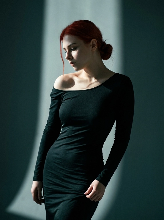 В минималистичной студии женщина в облегающем платье из тонкой ткани с длинными рукавами и спущенным одним плечом плавно выгибает корпус, голова склонена влево и опущена. Одной рукой она тянет подол у бедра. Жёсткий луч света слева подчёркивает ключицы и складки ткани, справа остаётся густая тень. Вертикальный кадр, средний план, лёгкий нижний ракурс, 50 мм, f/2.0.
Цветное изображение с глубокой, тёмной плёночной цветокоррекцией: приглушённые оттенки, холодные тени с лёгким сине-зелёным (teal) подтоном, тёплые, но сдержанные акценты кожи, мягкое выцветание светов, эффект киноплёнки, высокий контраст, деликатное плёночное зерно, кинематографическая атмосфера, 4K.

Какая будет прическа?: Волосы собраны в низкий пучок, выбившаяся прядь. 

Какого цвета будет платье?: Цвет платья на модели черный.