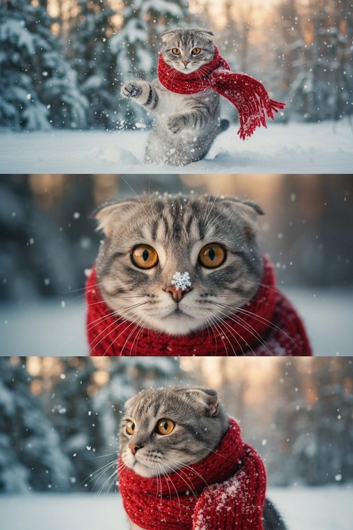     Коллаж из 3-Х фото моего питомца на зимнем фоне в снегу. Питомец в вязаном шарфе, вокруг падает снег, на заднем плане заснеженный лес.

Первый кадр — питомец в полный рост. Он играется со снегом 

Второй кадр — крупный план, увеличенный кадр мордочки питомца с одной снежинкой на носике. Мордочка питомца занимает весь кадр, взгляд прямо в камеру 
 
Третий кадр - портрет питомца, он смотрит в левую сторону. На фото виден шарф, на шарфу есть снежинки 

Три кадра объединены в вертикальный коллаж в едином тоне и свете. Атмосфера — реалистичная, теплая и немного кинематографичная.
Свет мягкий, утренний.  Цвет шарфа - красный 