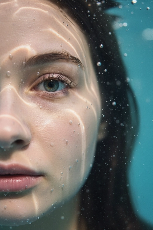Гиперреалистичный, сверхдетализированный
макропортрет, на котором запечатлена только левая половина человеческого лица, погруженного под воду. Один глаз находится в резком фокусе у крайнего левого края кадра. Лучи света создают динамичные блики на коже, подчеркивая поры, влажные губы, ресницы и тонкие текстуры, создавая эффект реалистичного рассеивания под поверхностью. Капли и пузырьки воздуха придают глубину и подвижность.
Кинематографическое подводное освещение с мягкими тенями и четкими бликами усиливает сюрреалистическую, сказочную атмосферу.
Чрезвычайно малая глубина резкости, фотореалистичный рендеринг. Не меняй внешность, полностью сохрани черты лица.
