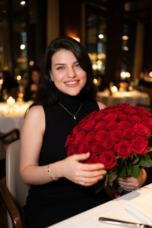 Женщина в дорогом ресторане сидит за сервированным столиком. Не меняй внешность, цвет волос и стрижку. Темное фото, теплые огни. В руках у нее огромный букет из 51 красной розы. Спонтанное фото в движении, немного смазано. Гламурный, но естественный макияж, серебряный браслет на руке, кольца, нежный маникюр. На шее тонкая серебряная цепочка и маленький кулон. Она смотрит в камеру, легкая улыбка.

Она одета в черное платье без рукавов с высоким воротником