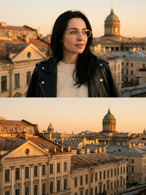 Реалистичный вертикальный диптих: один общий вертикальный коллаж, состоящий строго из двух горизонтальных кадров, расположенных один над другим, без рамки, без обводки, без границы между кадрами, без декоративных borders. Кадры соединены естественно и чисто, как единая вертикальная композиция. Снято как случайное lifestyle-фото на iPhone. Модель стоит на крыше в Санкт-Петербурге во время тёплого майского золотого заката. Модель выглядит естественно и расслабленно, без постановочного ощущения, будто это случайный кадр из сторис или Reels. На фоне видна узнаваемая атмосфера центра Петербурга: старые крыши, исторические фасады, классическая архитектура и купол старинного здания на дальнем плане, мягко подсвеченный закатным светом. Оранжево-золотое небо без облаков, тёплые отражения на фасадах, спокойная атмосфера красивого питерского вечера. Модель одета в чёрную кожаную куртку поверх светлого лонгслива, на ней прозрачные тонкие овальные очки в минималистичной оправе. Макияж естественный, дорогой и аккуратный: мягкие стрелки, длинные ресницы, живая текстура кожи без пластиковой ретуши. Взгляд расслабленный и задумчивый, направлен немного в сторону. Верхний кадр: модель снята крупнее на фоне закатного неба и городской архитектуры. Нижний кадр: красивый вид на архитектуру Петербурга с тёплым солнечным светом на фасадах без человека. Фото выглядит как кадр из Pinterest или Reels, с ощущением свободы, тишины и красивого вечера. Кинематографичная rooftop-атмосфера, лёгкая плёночная зернистость, реалистичные тени, натуральное закатное свечение, тёплые насыщенные оттенки, уютная европейская городская эстетика, cinematic urban romance vibe, ultra realistic. Без современной высотной застройки, без фантазийной архитектуры, без студийной постановки, без идеальной симметрии, без пластиковой ретуши кожи, никаких третьих кадров, никаких дополнительных мини-фото, никаких белых или чёрных рамок, никаких декоративных обводок, никаких полароидных краёв, только два горизонтальных кадра один над другим без видимой рамки.