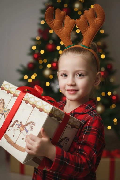 Используйте отправленную мной фотографию в качестве референса. Камера снимается немного выше уровня глаз, глядя прямо на модель, охватывая от середины груди и выше.  На изображении человек держит подарочную коробку  (размер 50х500х50 сантиметров) с крышкой, перевязанную красной лентой. На коробке нарисованные игрушечные лошадки. На фоне размытая рождественская или новогодняя елка. Лицо в три четверти (3/4), Модель в красной пижамной рубашке в клетку. Смотрит в камеру с легкой улыбкой, как будто предвкушая открыть свой подарок. 

Освещение выполнено по принципу софтбокса, но с более сильным, концентрированным основным светом для создания интенсивного свечения, сохраняя при этом мягкие тени, которые подчёркивают черты лица человека. 
Гиперреалистичная детализация, передающая каждый нюанс красоты, выражения лица и сложную текстуру волос, кожи и одежды. Атмосфера новогоднего праздника.  На голове у ребенка рождественский ободок с коричневыми оленьими рогами