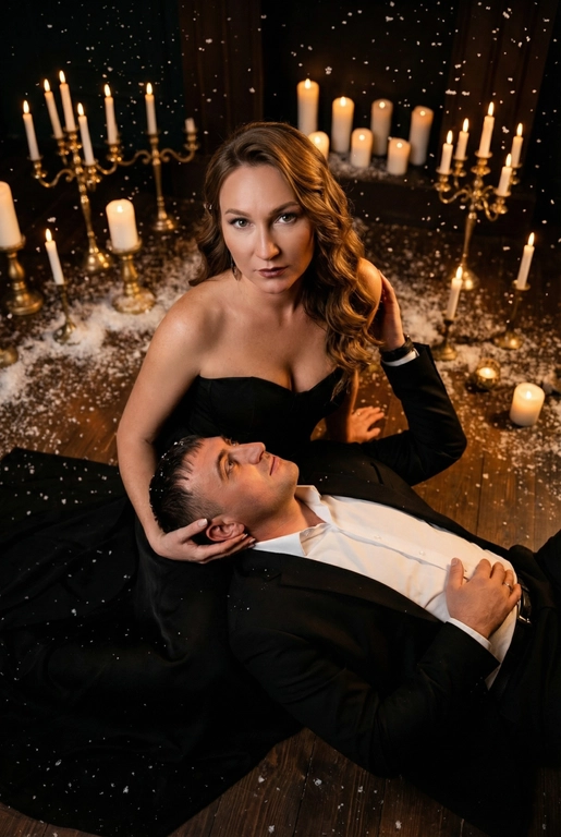 Ракурс камеры чуть сверху и сбоку. Романтическая и драматичная сцена в тёмном помещении. На полу сидит пара — мужчина и женщина верхом на мужчине в тесном, интимном положении. Женщина повернута к камере, её лицо поднято вверх, взгляд в камеру, хорошо освещено мягким тёплым светом. Она смотрит прямо вперёд, немного приоткрыв губы, с выразительным, глубоким взглядом. Если у женщины на фото длинные волосы. то они уложены в роскошные голивудские волны. Если короткие, то волосы просто красиво лежат.  На ней женщине длинное черное платье с лифом-бюстье без бретелей, подчеркивающее силуэт, создающими драматический силуэт.

Мужчина сидит у её груди, склонив голову к ее ключице и смотрит в ее лицо снизу вверх, словно обнимая её, одной рукой. Другой рукой упирается в пол позади себя. Он в чёрном классическом костюме и белой сорочке. Женщина одной рукой держит его за затылок, пальцы мягко погружены в волосы, создавая ощущение близости и страсти.

Вокруг пары падают искусственные снежинки — мелкие белые хлопья, подсвеченные тёплым светом свечей, что создаёт атмосферу зимней магии и романтики. На полу вокруг них разбросан «снег», добавляя глубины сцене.

Позади пары стоят золотистые и латунные канделябры с горящими свечами — тонкие высокие свечи создают мягкое золотое сияние. Из-за низкого освещения фон почти исчезает, оставляя только теплые огоньки и силуэты свечей. Освещение — контрастное: тёплый свет от свечей и мягкая направленная подсветка на лица. Очень темное фото.

Пол — тёмный, возможно деревянный, слегка блестящий от света. Атмосфера кадра — готическая, чувственная, тёплая, драматическая и немного мистическая.