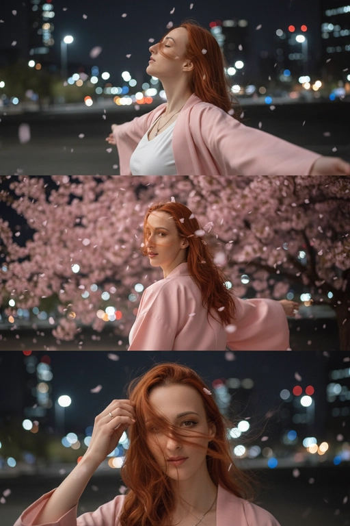 Не меняй черты лица, оставь их точь в точь как на загруженном фото. Фото в стиле триптиха, на котором изображена женщина в ночном городе.

На верхней панели изображена женщина по грудь, в профиль, расположенная в правой части кадра. Она запрокинула голову назад и закрыв глаза будто смотрит в небо разведя руки в стороны. Ее волосы развеваются на ветру закрывая лицо. На заднем плане ночной город полный ярких фонарей, где спокойно и нет людей, в небе развиваются от ветра листья сакуры . 

На средней панели изображена всё та же женщина со спины, смотрящая в кадр. На фоне все усыпано лепестками сакуры и они почти полностью перекрывают ночной город. Её волосы сильно развеваются на ветру в них запутались лепестки сакуры . 

На заднем плане нижней панели, крупным планом, изображено лицо всё той же женщины, частично скрытое развевающимися на ветру волосами в них немного лепестков сакуры, которая смотрит прямо на зрителя. Правой рукой она придерживает волосы, демонстрируя белое обручальное кольцо. 

Ночной Город и небо создают нейтральный, угрюмый фон для фотографии в натуралистическом стиле и при мягком освещении. Использовать лицо с фото на 100% , не изменяя черты лица. На девушке - белый топ и нежно-розовое хаори в японском стиле.