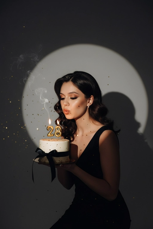 Фотореалистичный портрет женщины с точно таким же лицом, чертами, выражением и цветом волос, как на исходной фотографии - ничего не изменять. Атмосфера - день рождения: мягкий блеск свечи отражается на её лице, в воздухе лёгкие золотистые блёстки, создающие праздничное сияние. Фон темно-серый. Освещение студийное, контрастное, с кругом света на фоне, создающим выразительную тень. Волосы - волнистые, мягко подсвечены. Она немного стоит полубоком. Женщина держит в руках маленький праздничный торт, украшенным чёрными лентами и изящной цифрой из золотых свечей; Она сдувает свечу. Она одета в черное платье без рукавов. Свечки в виде цифр 28.