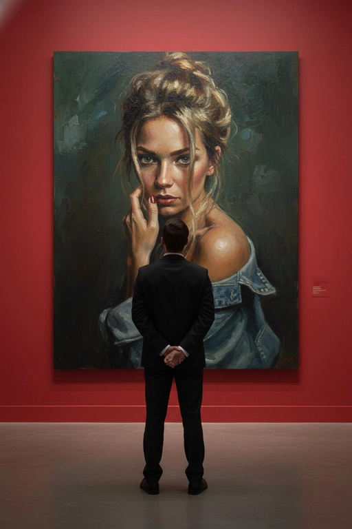 Создай сцену в галерее современного искусства, используй прилагаемое изображение лица и внешности человека, не меняя черты лица. На стене висит большой портрет человека маслом. Её лицо и верхняя часть тела написано в реалистичной, экспрессивной манере масленной живописи с текстурированными мазками и приглушенными цветами. Чистая красная стена галереи создаёт профессиональную атмосферу выставки благодаря мягкому освещению, освещающей произведения искусства. Перед картиной с видом сзади, стоит мужчина рассматривая картину, что придаёт сцену кинематографическое и таинственное настроение.