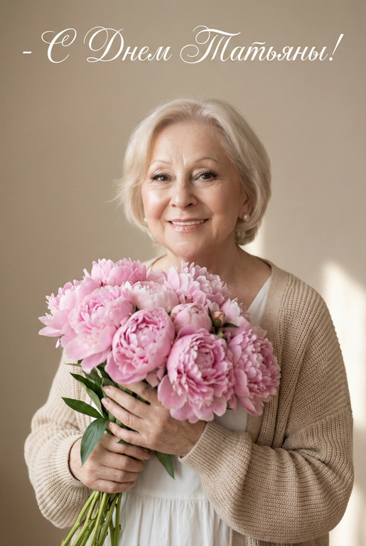 Нежный естественный портрет женщины, смотрящей в камеру и мягко улыбающейся. Она держит большой букет розовых пионов близко к груди. Уютное романтическое настроение. Белое платье, бежевый вязаный кардиган. Эффектный макияж на лице:  бежевые тени с лёгким мерцанием, длинные объемные ресницы, сияющий хайлайтер на скулах и кончике носа, блеск на губах,  легкий розовый румянец, сияющая кожа, нежная женская красота. 

Нейтральный бежевый фон. Мягкий рассеянный дневной свет, малая глубина резкости, кинематографическое боке. Стиль редакционной фотографии, теплая пастельная цветовая палитра, высокая детализация, реалистичная текстура кожи, эффект объектива 85 мм, f/1.8, лайфстайл-фотография. Наверху поверх фото белым красивым рукописным шрифтом с завитками написано:  : -  С Днем Татьяны!