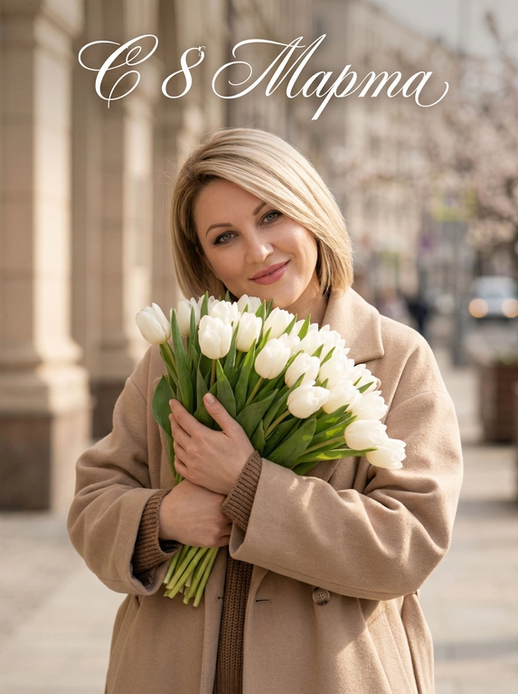 Человек на улице держит большой букет белых тюльпанов, прижимает его к груди. На Человеке светло-бежевое пальто свободного кроя, под пальто коричневый трикотажный топ. Человеке мягко улыбается, взгляд направлен в камеру, живые эмоции, голова немного наклонена вбок. Съёмка по пояс. Естественный тёплый дневной свет, мягкие тени. Фон — городская архитектура в нейтральных бежевых тонах, слегка размытый. Реалистичная фотография, высокая детализация кожи и ткани, натуральные цвета, shallow depth of field, lifestyle photography, soft natural light. Добавь надпись каллиграфическим изящным шрифтом белого цвета.

Какая будет надпись?: Текст сверху: "С 8 Марта"