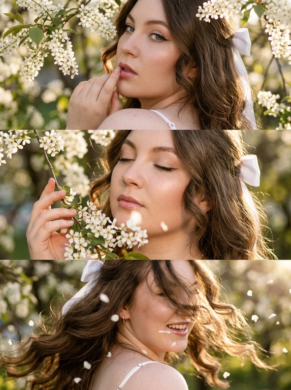 Создай  триптих из трёх кадров, расположенных под друг другом все кадры — крупный план (close-up portrait), единая стилистика и цветовая палитра. Весенняя атмосфера, цветущая черёмуха. Лицо освещено мягким боковым светом. Акцент на макияже глаз — изящные стрелки. Кожа светится естественным сиянием. Волосы мягко подсвечены контровым светом.
Макияж — свежий ретро-гламур: тонкая стрелка, аккуратно подчеркнутые ресницы, нежно-розовые губы с мягким блеском, лёгкий румянец.  Одежда - видны фрагменты белого верха на тонких бретельках.
Кадр 1 (верхний)
Экстремально крупный план лица со спины.  Она стоит спиной к камере, голова повернута в сторону плеча, палец касается губ под ветвями цветущей черёмухи. Нежные белые соцветия обрамляют лицо.
Кадр 2 (средний)
Крупный план, она закрывает глаза и слегка касается ветки черёмухи у щеки. Лепестки частично в фокусе на переднем плане.
Кадр 3 (нижний)
Крупный портрет в движении — лёгкий поворот головы, волосы развеваются от ветра падая на лицо и скрывая его часть, несколько лепестков черемухи в воздухе и в волосах, корпус наклонен к камере она смеется.
Стиль и обработка всех кадров:
Сцена имеет эстетику винтажного фильма с мелким зерном. 
все три фото фото залито солнечным светом, сильное плёночное зерно, тёплая винтажная цветокоррекция, лёгкая засветка по краям кадра, высокая детализация кожи, естественная текстура, гармоничная композиция триптиха.

Прическа:: Мягкие объёмные волны в стиле 70-х, естественный прикорневой объём, часть волос собрана сзади атласной белой лентой завязанной на бантик, два локона спереди обрамляют лицо.
