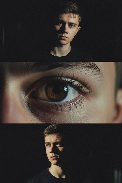 Создай коллаже из 3-х кадров на основе внешности человека на фото. Верхний кадр: человек смотрит в камеру с лёгким наклоном головы. Один глаз в свете, другой в тени — эффект таинственности. Чёрная одежда усиливает драму. Тёмный фон с мягким светом , подчёркивает лицо. 
Центральный кадр (глаз): крупный супер чёткий план её глаза - ресницы, радужка, отражения. Взгляд прямой и глубокий. Фон полностью чёрный. 
Нижний кадр: интенсивный уверенный взгляд человека влево, голова тоже повернута влево. Чёрная одежда, тёмный фон. Жесткий боковой свет, подчёркивающий контуры лица и создающий драматичные тени. Стиль: raw, винтажная плёночная зернистость, драматизм.