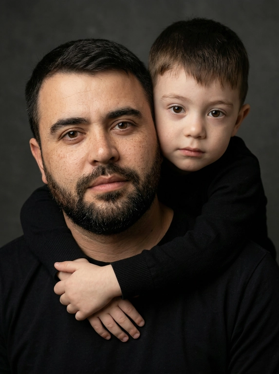 Создай портретный студийный кадр из фотосессии отца и сына. Сын обнимает отца сзади, лежа подбородком на его плече, руки мягко сомкнуты на груди мужчины. Оба смотрят прямо в камеру. Естественные спокойные эмоции, лёгкая серьёзность во взгляде.
Одежда — однотонные чёрные лонгсливы или свитера без принтов. Тёмный нейтральный фон (глубокий серо-оливковый или графитовый). Мягкий направленный студийный свет с лёгкой теневой глубиной, акцент на лицах, тёплая естественная цветокоррекция, высокая детализация кожи, натуральная текстура без излишней ретуши.
Кадр — крупный или средний план, плотная композиция, лица расположены близко друг к другу. Атмосфера — тёплая, камерная, эмоциональная, ощущение близости и доверия. Профессиональная съёмка, 85mm lens, shallow depth of field, cinematic portrait, ultra realistic.