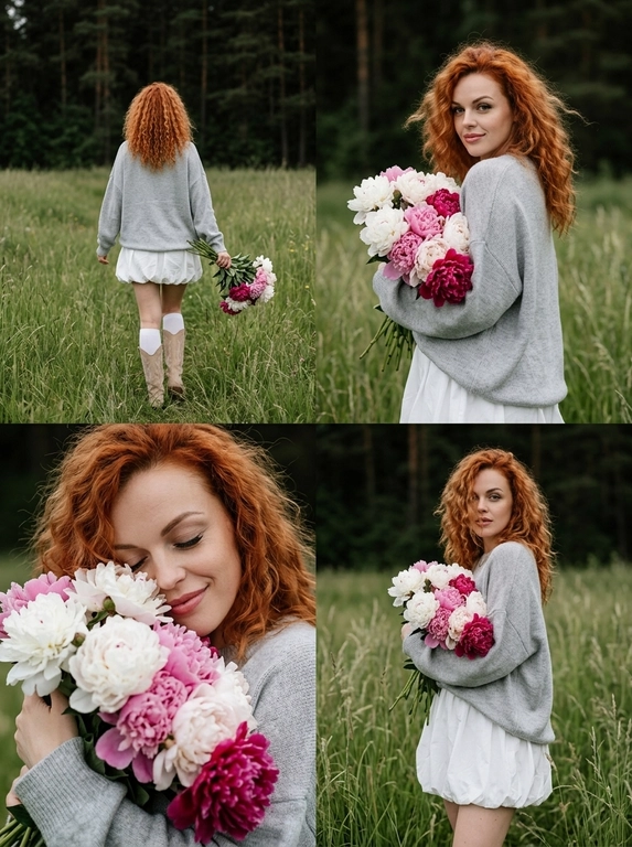 Создать фотореалистичный коллаж из четырех lifestyle fashion-фотографий в единой эстетике. Все кадры сняты на Canon EOS R5, объектив 85 mm, мягкий пасмурный дневной свет, легкая недоэкспозиция, RAW photo, натуральные цвета, живая атмосфера, без ретуши, без HDR, без искусственного размытия. кожа с ровным сияющим тоном, розовые губы с легким сатиновым блеском, аккуратные брови, мягкий luxury nude makeup, естественная текстура кожи без ретуши.

Верхний левый кадр: Женщина снята со спины, идет по высокой зеленой траве к сосновому лесу. В правой руке держит большой букет белых, нежно-розовых и насыщенно-малиновых пионов. На ней объемный светло-серый вязаный oversize-свитер, короткая белая юбка-баллон, белые высокие носки и светлые замшевые казаки.

Верхний правый кадр: поясной портрет. она поворачивается через плечо к камере, смотрит прямо в объектив с мягкой уверенной полуулыбкой. Букет прижат к груди, волосы свободно развеваются. На фоне высокая луговая трава и темный сосновый лес.

Нижний левый кадр: крупный портрет. Она прижимает пышный букет пионов к лицу, глаза закрыты, легкая счастливая улыбка. Цветы частично закрывают лицо, акцент на текстуре лепестков, естественной коже и волосах.

Нижний правый кадр: съемка в полный рост. Она стоит среди высокой травы, слегка развернув корпус в сторону, смотрит прямо в камеру сквозь пряди волос. Букет лежит на согнутой руке, другая рука расслабленно опущена. Свитер свободно спадает по фигуре, белая юбка-баллон создает легкий объем. Атмосфера спокойного летнего вечера, природная эстетика, premium editorial fashion photography.