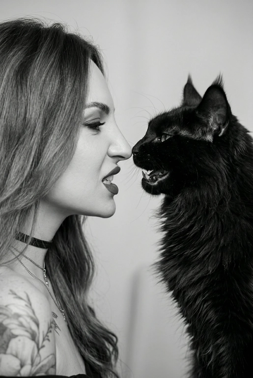 Сделай фото со мной и моим питомцем. Реалистичное фото, с высокой детализацией. Снимок меня и моего питомца в профиль. Фото сделано первым средним планом (Medium CloseUP), в кадре видно часть туловища (с головы до середины груди).
Я стою лицом к своему питомцу в строгий профиль, смотрю прямо на него.
Мой питомец расположен прямо напротив моего лица, также в профиль, смотрит прямо на меня. Наши носы почти соприкасаются. Наши головы могут быть наклонены: например, моя голова наклонена немного вниз, а голова питомца наоборот повыше. Четкая визуальная симметрия между моем лицом и головой моего питомца.
Студийное освещение, мягкий свет, создающий контрастность и скульптурные тени, на самом лице минимум тени. 


Я и питомец мейн Кун черный игриво рычим.  Черно-белая фотография. Фон светлый, нейтральный.