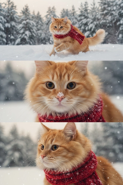     Коллаж из 3-Х фото моего питомца на зимнем фоне в снегу. Питомец в вязаном шарфе, вокруг падает снег, на заднем плане заснеженный лес.

Первый кадр — питомец в полный рост. Он играется со снегом 

Второй кадр — крупный план, увеличенный кадр мордочки питомца с одной снежинкой на носике. Мордочка питомца занимает весь кадр, взгляд прямо в камеру 
 
Третий кадр - портрет питомца, он смотрит в левую сторону. На фото виден шарф, на шарфу есть снежинки 

Три кадра объединены в вертикальный коллаж в едином тоне и свете. Атмосфера — реалистичная, теплая и немного кинематографичная.
Свет мягкий, утренний.  Цвет шарфа - красный 