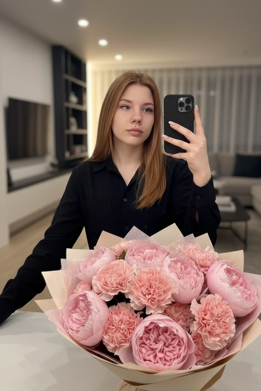 На фото — интерьерная зеркальная селфи-композиция на айфон 16 pro. Центральный объект в кадре — девушка в чёрной рубашке. Макияж естественный, длинные ресницы, блеск на губах. Сходство 100%. Девушка держит телефон в правой руке, аппарат в тёмном (чёрном) чехле с модулем камеры в верхнем углу: заметна круглая конфигурация объективов. Левой рукой она опирается на поверхность стола или пола позади большого букета. Ногти аккуратно накрашены в светлый оттенок. На переднем плане очень крупный пышный букет, упакованный в бумагу пастельных тонов. На фоне современный домашний интерьер. Букет в розовой гамме, цветы: крупные махровые пионы/гвоздики/гортензии или похожие по форме рuffled-бутоны разной интенсивности розового. 