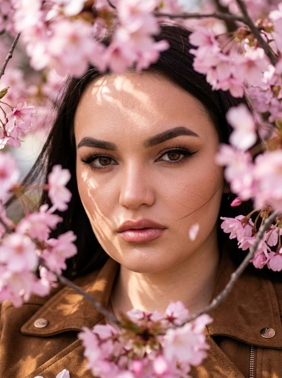 Крупный план лица. Модель смотрит прямо в объектив через густые ветви цветущей сакуры. Часть цветов на переднем плане находится вне фокуса, создавая ощущение глубины и мягкие розовые размытые пятна.
Пластика и поза: лицо словно зажато между ветками.
Модель немного наклоняет голову, из-за чего линия скул образует выразительный острый угол.
Взгляд осознанный, глубокий, живой.
Одежда: видна только линия плеч. Светло коричневая стильная ( по мотивам ysl) замшевая куртка.
Динамика: резкая фокусировка на глазах. Прядь волос и лепестки немного размыты ветром (motion blur). Макияж : густые длинные ресницы, оформленные брови, стрелка удлиняющая глаз, бронзер , легкий тон, губы подчеркнуты насыщенным пыльно розовым карандашом, розовый блеск.
Высокая детализация кожи, реализм текстуры.
Атмосфера: ощущение дорогой журнальной съёмки.
Естественный свет проходит сквозь лепестки и ветви, создавая на лице тонкую сетку из теней.
Супер детализированное фото 8К.