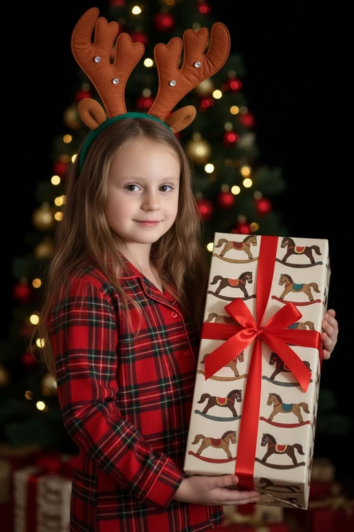 Используйте отправленную мной фотографию в качестве референса. Камера снимается немного выше уровня глаз, глядя прямо на модель, охватывая от середины груди и выше.  На изображении человек держит подарочную коробку  (размер 50х500х50 сантиметров) с крышкой, перевязанную красной лентой. На коробке нарисованные игрушечные лошадки. На фоне размытая рождественская или новогодняя елка. Лицо в три четверти (3/4), Модель в красной пижамной рубашке в клетку. Смотрит в камеру с легкой улыбкой, как будто предвкушая открыть свой подарок. 

Освещение выполнено по принципу софтбокса, но с более сильным, концентрированным основным светом для создания интенсивного свечения, сохраняя при этом мягкие тени, которые подчёркивают черты лица человека. 
Гиперреалистичная детализация, передающая каждый нюанс красоты, выражения лица и сложную текстуру волос, кожи и одежды. Атмосфера новогоднего праздника.  На голове у ребенка рождественский ободок с коричневыми оленьими рогами