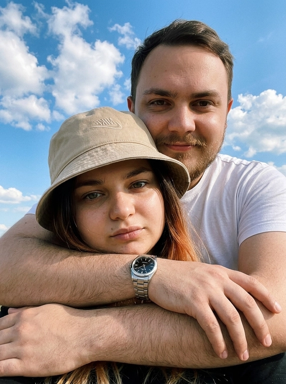 Кинематографичный кадр крупным планом (selfie style), пара в объятиях (классическое "обнимашки сзади") на фоне ярко-голубого неба с облаками.  Женщина на ней бежевая панама с брендовой надписью. Её кожа выглядит сияющей, подсвеченной мягким естественным солнечным светом. Выражение лица спокойное, глубокий взгляд, направленный прямо в камеру. Мужчина стоит строго позади девушки и обнимает её сзади, одна его рука обнимает её за плечи/шею спереди — предплечье лежит поперёк её ключиц, кисть свободно свисает с её плеча, на запястье классические серебряные часы с черным циферблатом. Мужчина в белой футболке, выражение лица доброжелательное, его взгляд прямо в объектив. Ракурс сверху, камера сфокусирована на лице девушки. Высокий контраст, насыщенные цвета, мягкая прорисовка деталей кожи. Эффект пленочной фотографии, легкое зерно, атмосфера летнего дня, эстетика социальных сетей. Телефона не видно в кадре.