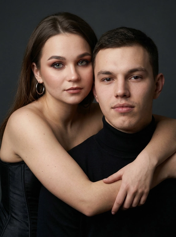 Гиперреалистичный студийный fashion-портрет молодой пары по загруженному референсу, 100% сходство лиц. Черты лица не изменять. Крупный план, кадр по плечи. Мужчина, спокойный уверенный взгляд прямо в камеру, естественное выражение лица, одет в черный трикотажный свитер с высоким воротом. Женщина стоит позади мужчины и нежно обнимает его, ее руки лежат на его плечах. Ее лицо расположено рядом с его лицом, она повернута слегка боком, голова немного наклонена вперед, взгляд направлен прямо в камеру. У женщины выразительные глаза с длинными густыми черными ресницами, естественный clean-glam макияж, натуральные брови, теплый оливковый оттенок кожи, небольшие серьги-кольца. Композиция плотная и интимная, их лица расположены очень близко друг к другу, современный модный портрет пары. Женщина одета в черный корсет. Кожа максимально натуральная: живая текстура кожи, видимые микропоры, subtle skin glow, естественный мягкий блеск кожи, natural skin microtexture, skin translucency, micro skin details, легкие естественные несовершенства кожи, без ретуши и без эффекта пластика. Освещение: мягкий студийный beauty lighting, рассеянный ключевой свет спереди и немного сбоку, мягкие глубокие тени для объема лица, деликатные световые блики на коже. Фон: глубокий темный студийный фон, темно-графитовый или почти черный, создающий контраст с кожей и лицами. Стиль: luxury fashion editorial photography, high fashion portrait, ultra photorealistic, 85mm portrait lens, shallow depth of field, creamy bokeh, cinematic soft lighting, RAW photo, extremely detailed, fine hair strands, natural skin pores, professional photography, photorealism, 8k, high dynamic range.