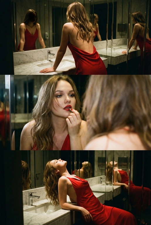 Создай не меняя черты лица. Экстремально реалистичный кинематографичный триптих, как живая серия фотографий из Instagram, снятая в зеркальном туалете дорогого ресторана. Вечер, интимная атмосфера, отражения в зеркалах, приглушённый свет, ощущение роскоши и ускользающего момента. Весь триптих объединён одним образом и единым настроением, с лёгким зерном, как будто кадры сняты в движении, естественно. В верхней части женщина стоит спиной облокотившись на раковину рукой, лицо в тени спина освещена, в отражениях зеркал видна её фигура, на ней одно и то же красное платье с открытой спиной, ткань струится и выглядит дорого, чувственно. Свет мягко скользит по плечам и линии спины, создавая глубокие тени и драматичный силуэт. В средней части экстремально близкий ракурс лица через зеркало, женщина смотрит на своё отражение и поправляет помаду, жест живой и естественный. Лицо частично в фокусе, частично слегка размыто, ощущение движения и дыхания кадра. Пышные ресницы, выразительный взгляд, блики света в зеркале, локоны из пучка падают на лицо, добавляя интимности. В нижней части девушка запрокинула голову и облокотилась о раковину, глаза закрыты, поза расслабленная, уязвимая, словно она на секунду выпала из шумного вечера. Платье то же самое, красное, ткань ловит приглушённый свет, усиливая глубину цвета и теней. Во всех кадрах приглушённое освещение, cinematic lighting, мягкие тени, отражения зеркал, лёгкое зерно и небольшой motion blur без резкой чёткости и глянца. Цвета глубокие, насыщенные, но сдержанные. Общий стиль ультрареализм, кинематографическая эстетика, эффект настоящего Instagram-триптиха, ощущение пойманного момента, живо, чувственно и очень реалистично, как кадры из личного архива.
Не меняй черты лица. Очень длинные изящные волнистые волосы, несколько локонов свободно падают на лицо и шею. 