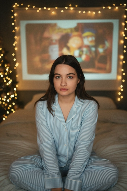 Атмосферный портрет человека, сидящий на кровати в уютной комнате. Не меняй черты лица ни на 1%. Человек смотрит в камеру. На человеке хлопковая голубая пижама в белую полоску. 
Теплое освещение от мерцающих гирлянд и рождественской ёлки. На заднем плане - проекция с фильмом или мультфильмом создающая нотку ностальгии.
Кинематографичный кадр, малая глубина резкости, волшебная и уютная атмосфера. Фото в стиле 90-х, ретро -фильтр. Зернистость Фильм - Warner Bros. "Гарри Поттер".