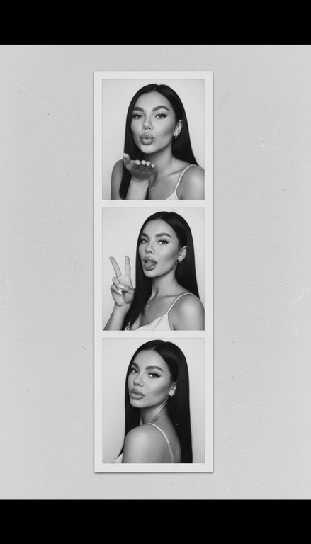  Используя мою фотографию в качестве референса для лица и волос, не изменяя исходные черты лица и сохраняя верность моим физическим характеристикам, создайте ленту из фотографий в ч/б с тремя вертикальными белыми рамками. Лента выглядит так, будто лежит на столе или фоне. Фотографии выглядят профессионально , как будто из настоящей фотобудки. 

В каждой рамке по центру расположены портрет и фотография погрудной проекции одного и того же человека. Взгляд прямо в камеру.

Общая эстетика винтажная, с лёгкой зернистостью и выцветшим качеством, напоминающая классическую аналоговую фотографию. Но при этом изображение выполнено в высоком разрешении. На светло-сером фоне видны едва заметные следы пыли и царапин. Лица человека на белом фоне. 
НЕ ИЗМЕНЯЙТЕ МОЁ ЛИЦО. На верхнем фото девушка посылает зрителю воздушный поцелуй, поднеся правую руку ко рту и слегка поджав губы. Выражение её лица игривое и дружелюбное.  На среднем фото девушка мило и игриво показывает знак мира, высунув язык. Брови слегка приподняты. На нижнем фото девушка позирует, отвернувшись к плечу, смотрит прямо в камеру с более спокойным и уверенным выражением лица. Губы мягко сжаты, взгляд прямой и чувственный. ОДЕЖДА: На ней маленькие серьги и изящное ожерелье с крестиком поверх светлого атласного или шёлкового топа. На ней естественный макияж, включая глянцевый блеск для губ, лёгкую подводку для глаз и кукольные нарощенные ресницы, без излишеств. У неё квадратный французский маникюр. 