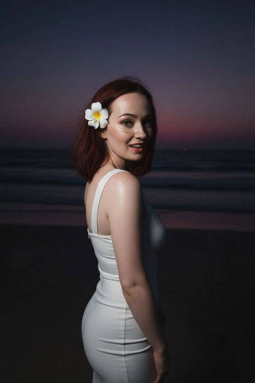 Сделай фото, будто я на пляже, где темно, но кто-то сфотографировал меня со вспышкой, и мое лицо немного блестит и светится, заднем плане закат, как будто солнце село на 98%, оставив фиолетовый оттенок, и само по себе почти темно. Фото сделано из-за моей спины, как будто  мне сказали, повернуться. Я в белом облегающем платье с цветком, заправленным в волосы. Волосы должны развеваться так, как будто дует слегка ветер.