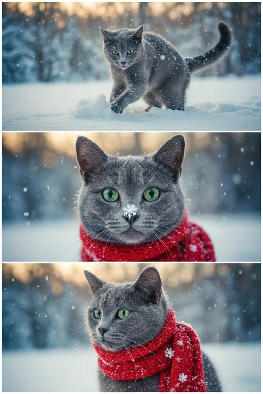     Коллаж из 3-Х фото моего питомца на зимнем фоне в снегу. Питомец в вязаном шарфе, вокруг падает снег, на заднем плане заснеженный лес.

Первый кадр — питомец в полный рост. Он играется со снегом 

Второй кадр — крупный план, увеличенный кадр мордочки питомца с одной снежинкой на носике. Мордочка питомца занимает весь кадр, взгляд прямо в камеру 
 
Третий кадр - портрет питомца, он смотрит в левую сторону. На фото виден шарф, на шарфу есть снежинки 

Три кадра объединены в вертикальный коллаж в едином тоне и свете. Атмосфера — реалистичная, теплая и немного кинематографичная.
Свет мягкий, утренний.  Цвет шарфа - красный 